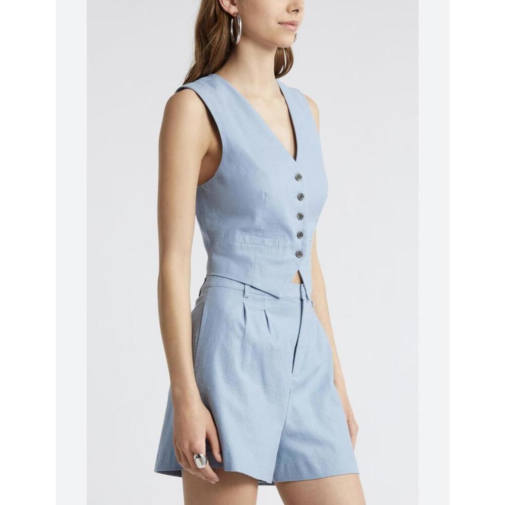 Sleeveless Light Blue Button-Front Linen Blend Vest Top